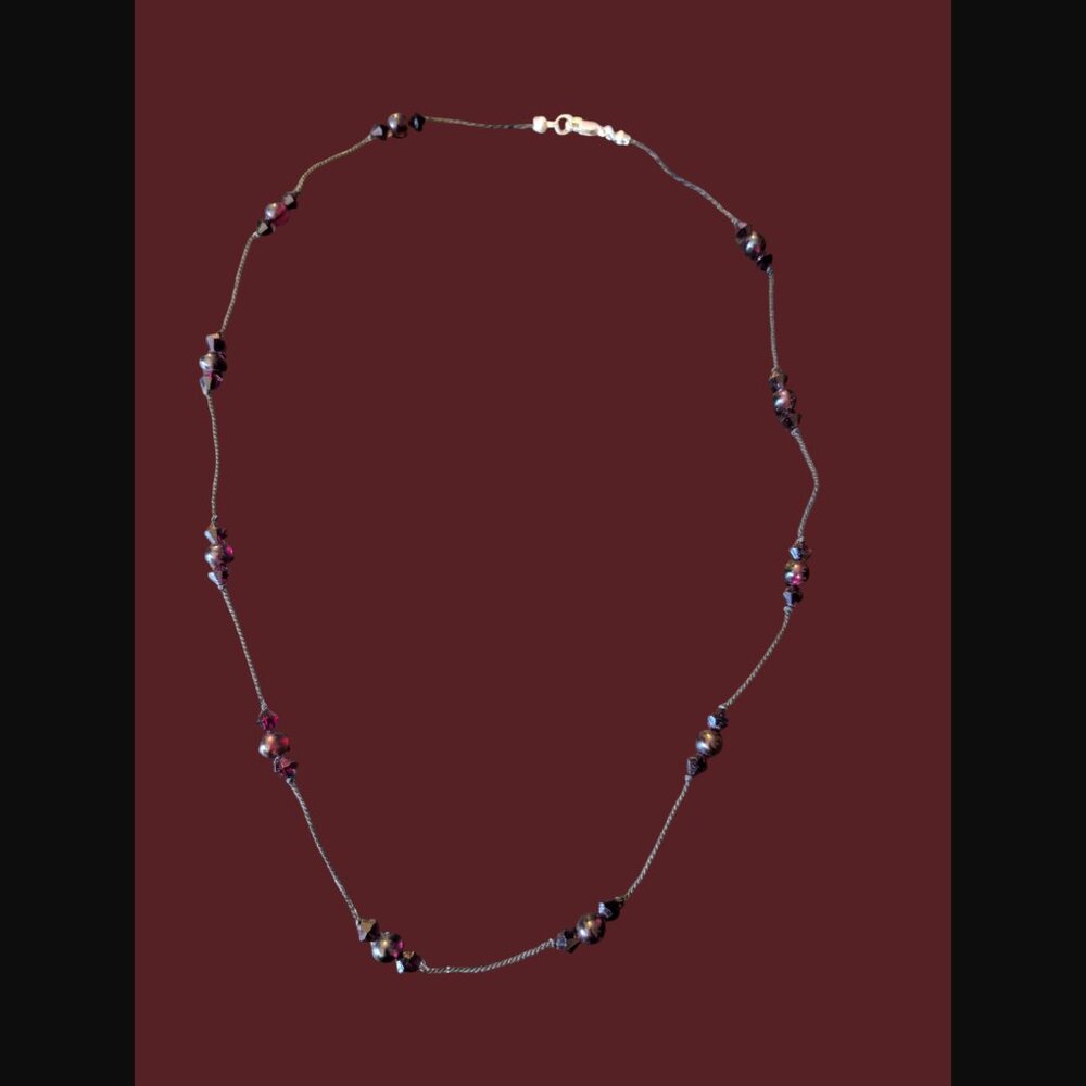 925 Sterling Silver Garnet Bead Red Crystal Black Cord Necklace 23"